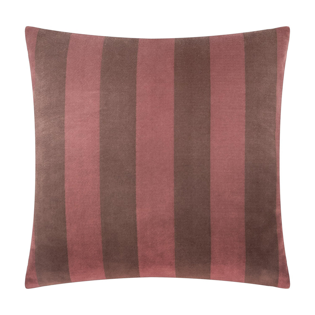 Square velvet jacquard cushion featuring bold vertical stripes in dusky rose and deep cocoa brown, shown against a plain white background.