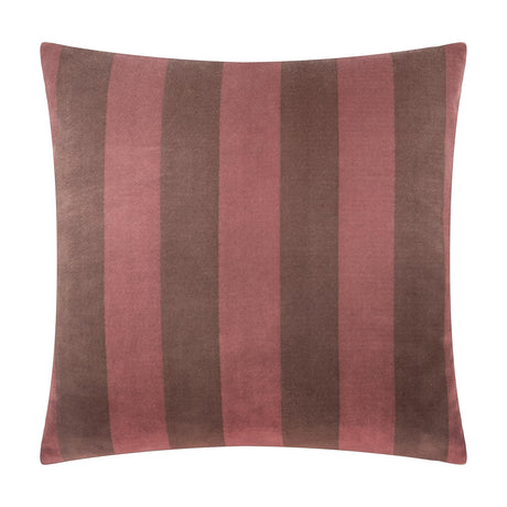 Square velvet jacquard cushion featuring bold vertical stripes in dusky rose and deep cocoa brown, shown against a plain white background.