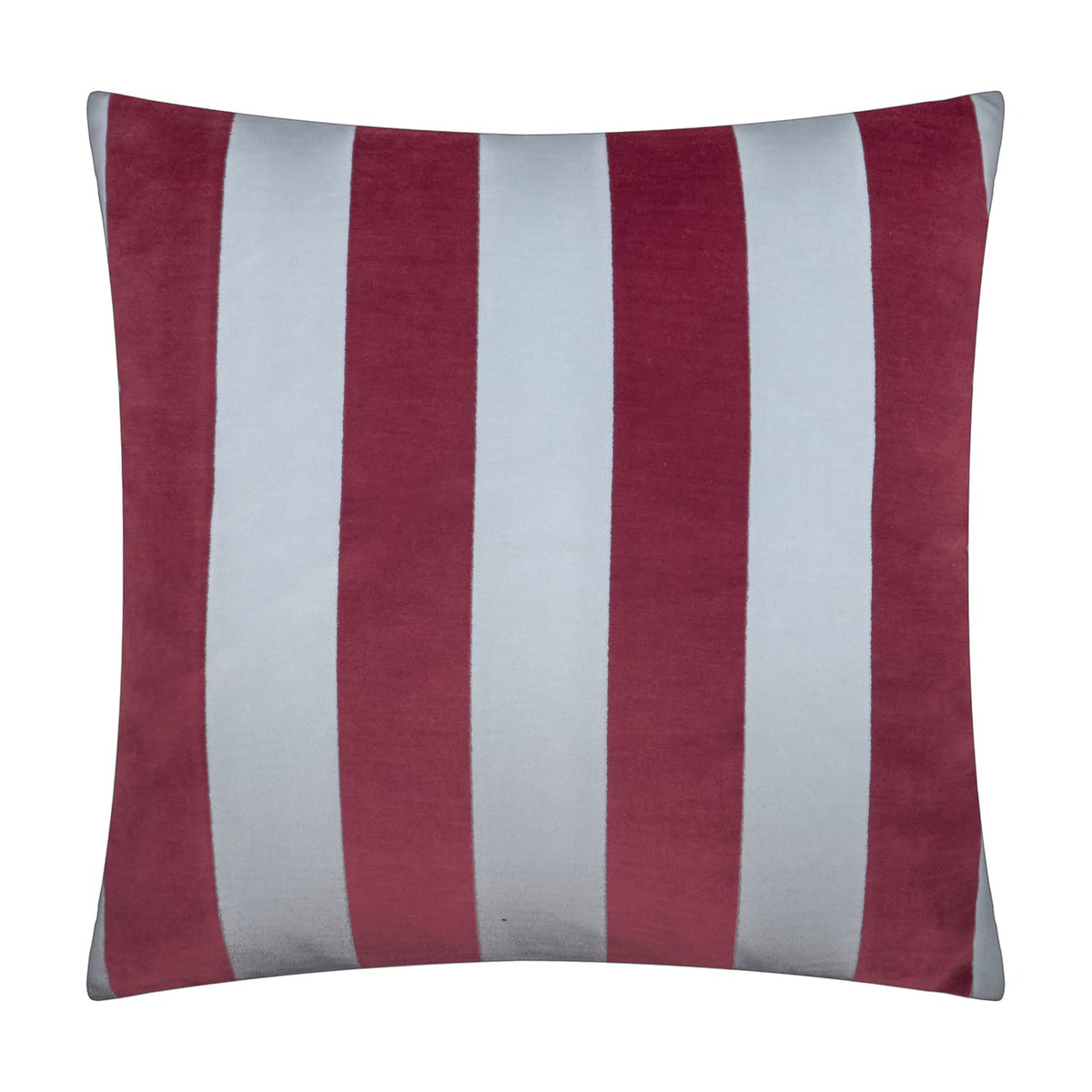 Square jacquard velvet cushion in The Ultimate Stripe design, featuring bold vertical stripes alternating sangria red and pale blue-grey, shown on a plain white background.