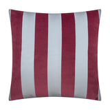 Square jacquard velvet cushion in The Ultimate Stripe design, featuring bold vertical stripes alternating sangria red and pale blue-grey, shown on a plain white background.