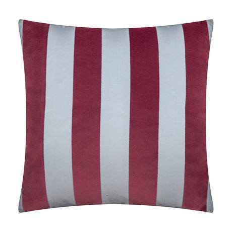 Square jacquard velvet cushion in The Ultimate Stripe design, featuring bold vertical stripes alternating sangria red and pale blue-grey, shown on a plain white background.