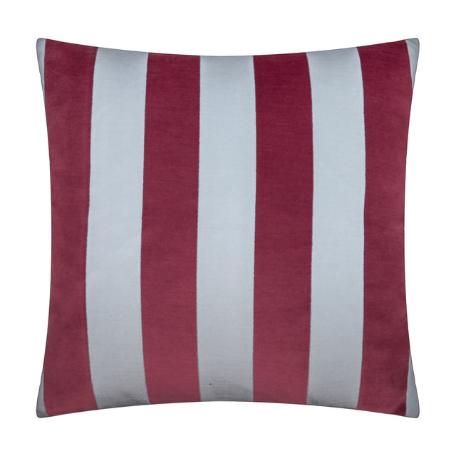 Square jacquard velvet cushion in The Ultimate Stripe design, featuring bold vertical stripes alternating sangria red and pale blue-grey, shown on a plain white background.