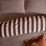 The Ultimate Stripe Reversible Duvet Cover Set in Berry Brownie, shown with pillowcases in fine pinstripe and the cover reversed to a bold brown and pink stripe.