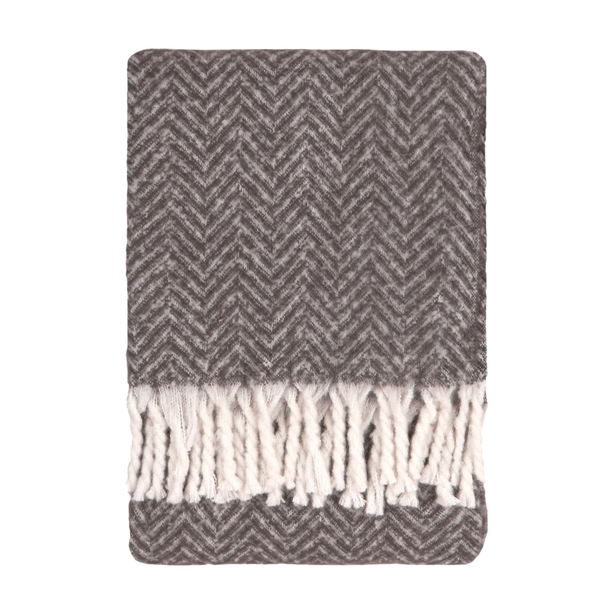 Tweedie Herringbone Polyester Throw in charcoal, folded flat with a two-tone grey chevron weave and white twisted fringe tassels, shown on a plain white background.