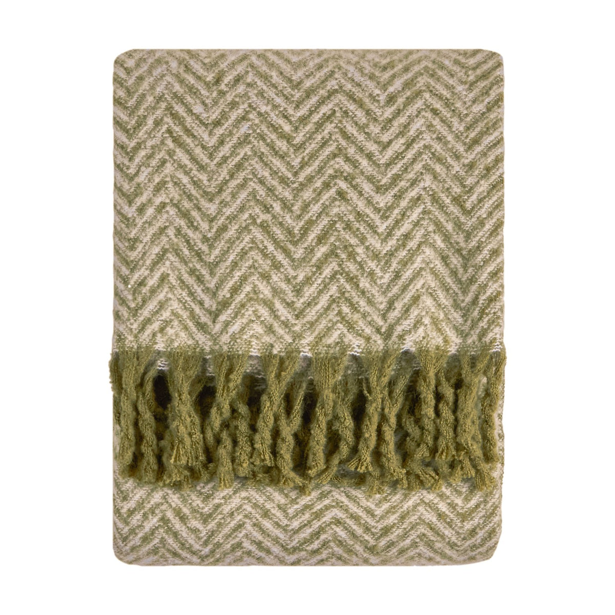 Tweedie Herringbone Polyester Throw in green and cream, folded flat with a knotted fringe edge on one end, shown on a plain white background.