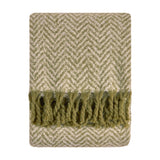 Tweedie Herringbone Polyester Throw in green and cream, folded flat with a knotted fringe edge on one end, shown on a plain white background.