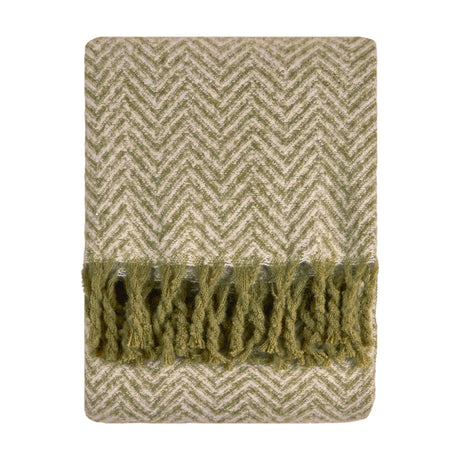 Tweedie Herringbone Polyester Throw in green and cream, folded flat with a knotted fringe edge on one end, shown on a plain white background.