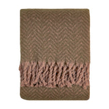 Tweedie Herringbone Polyester Throw in mocha brown, folded with chevron weave pattern and long brushed fringe along the ends, shown on a plain white background.