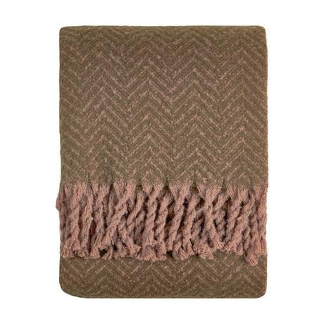 Tweedie Herringbone Polyester Throw in mocha brown, folded with chevron weave pattern and long brushed fringe along the ends, shown on a plain white background.