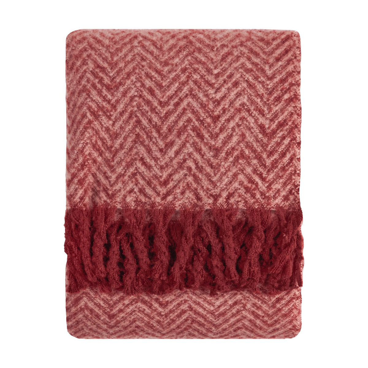 Tweedie Herringbone Polyester Throw folded flat, showing pink and burgundy chevron weave with a burgundy tasselled fringe on each end, set against a plain white background.