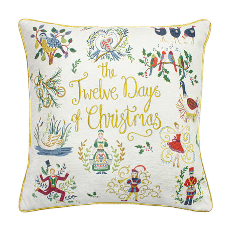 Square cream cushion embroidered with "12 Days of Christmas" motifs in gold script, multicoloured birds and figures, finished with a gold piped edge on a white background.