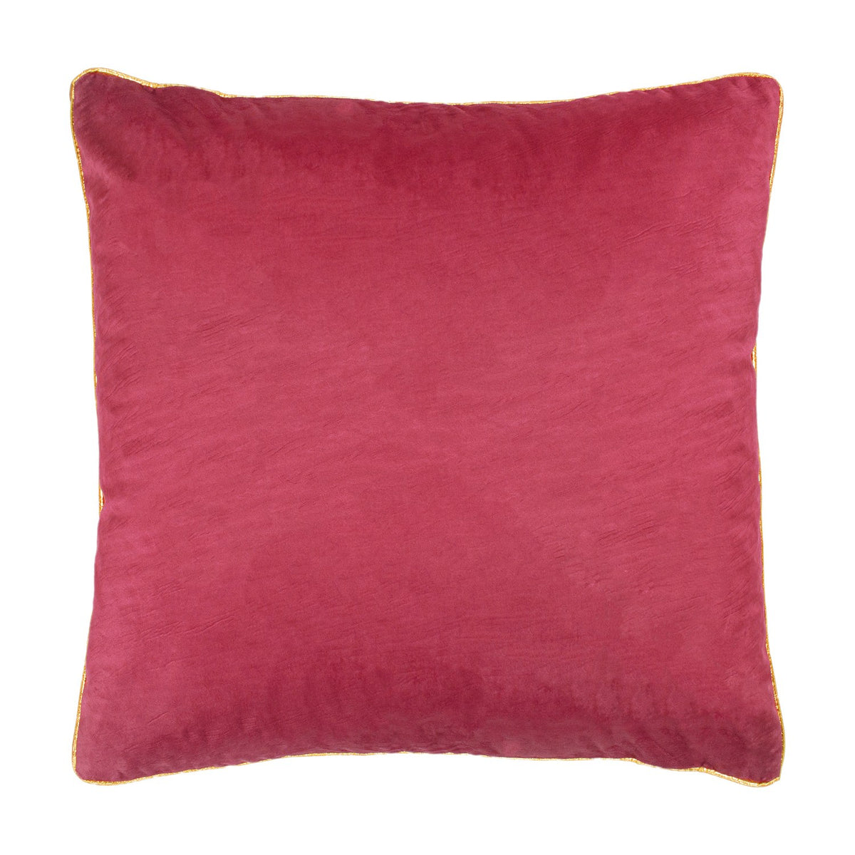 Square velvet cushion in solid pink with a gold piped edge trim, shown plain-side on a white background.