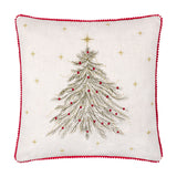 Twinkling Tree Velvet Linen Cushion in natural, square with red pom-pom trim, embroidered fir tree in green and gold with red baubles and scattered gold stars, on a plain white background.