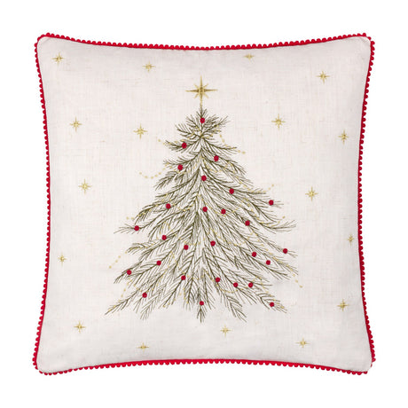 Twinkling Tree Velvet Linen Cushion in natural, square with red pom-pom trim, embroidered fir tree in green and gold with red baubles and scattered gold stars, on a plain white background.