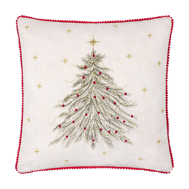 Twinkling Tree Velvet Linen Cushion in natural, square with red pom-pom trim, embroidered fir tree in green and gold with red baubles and scattered gold stars, on a plain white background.
