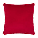 Square red velvet cushion with a scalloped pom-pom trim edge, shown plain-backed against a white background.