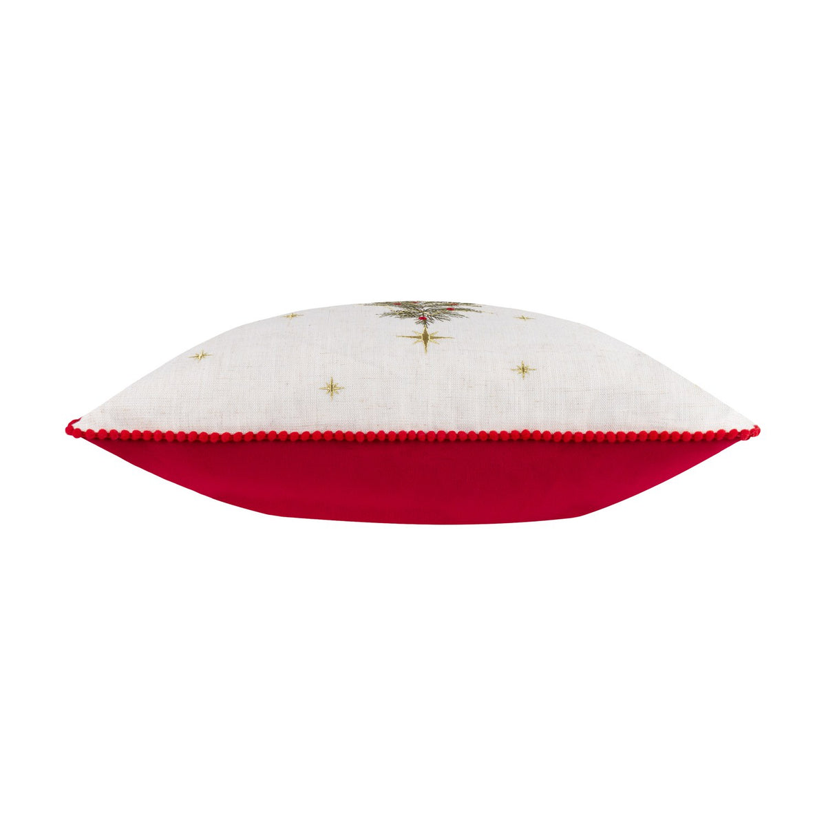 Side view of the Twinkling Tree Velvet Linen Cushion showing natural linen-look front with embroidered gold star detail, red pom-pom trim, and red velvet back, on a white background.