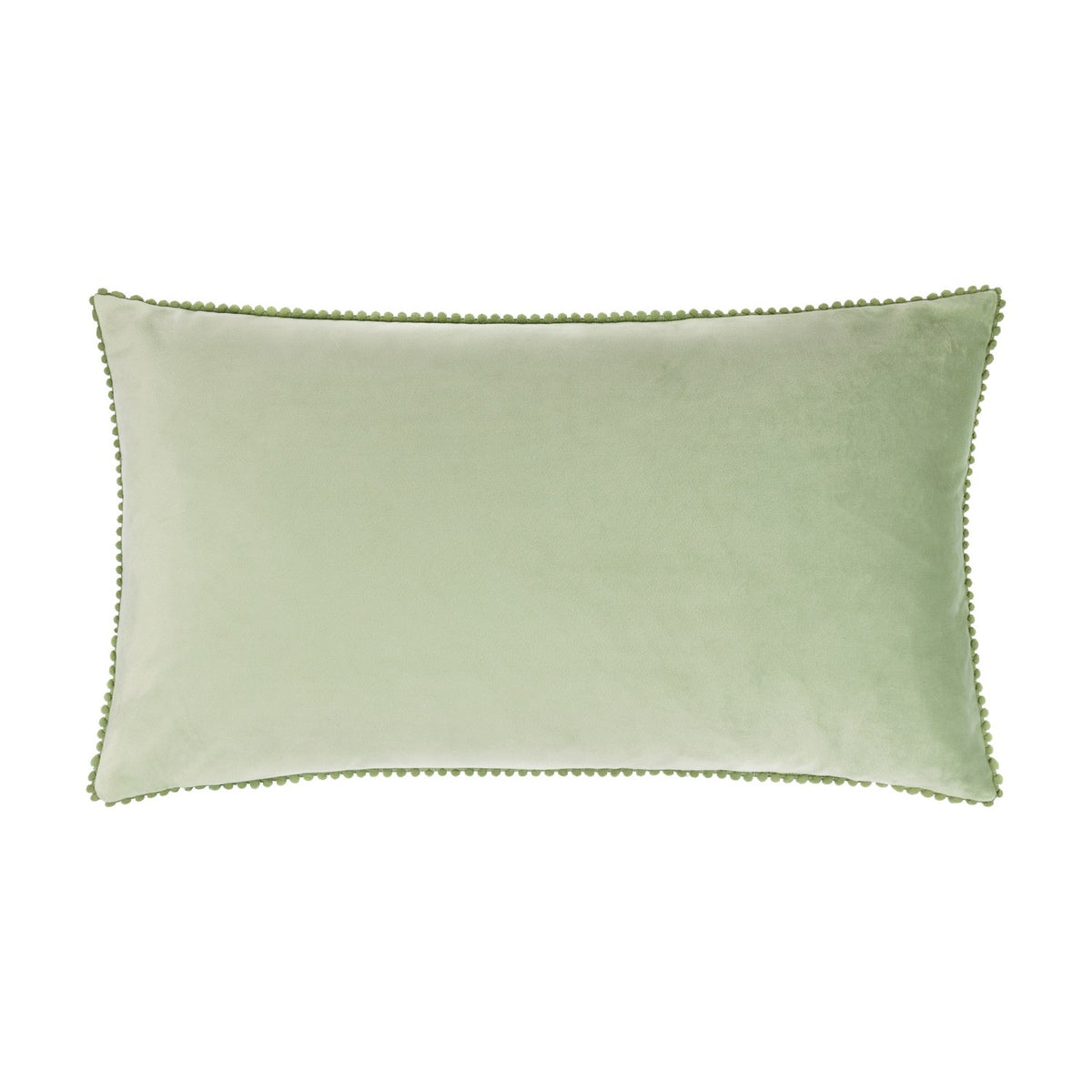 Rectangular sage green velvet cushion with pompom ric rac trim edging, shown reverse side on a plain white background.