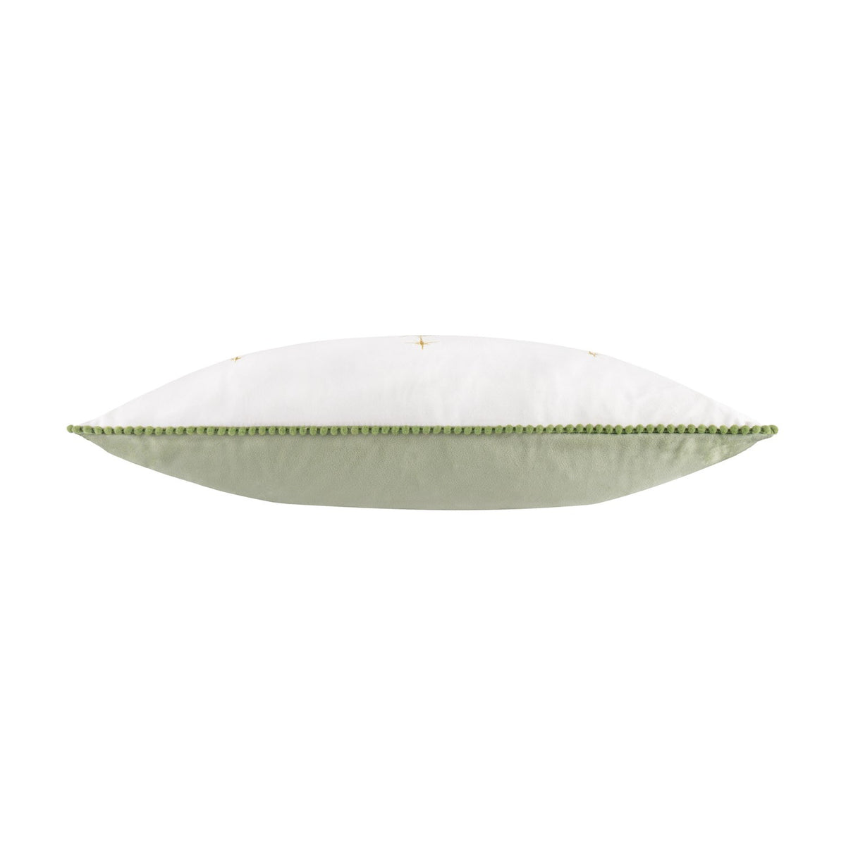 Side view of the Twinkling Tree Woodland Velvet Cushion, showing cream velvet top with gold star embroidery, sage green pompom trim, and plain green reverse on a white background.