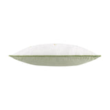 Side view of the Twinkling Tree Woodland Velvet Cushion, showing cream velvet top with gold star embroidery, sage green pompom trim, and plain green reverse on a white background.