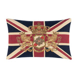 Rectangular Union Jack jacquard cotton cushion in navy, red and cream, featuring a gold crown, rampant lions and a shield crest with "Pride Honesty Honor" banner, shown on a white background.