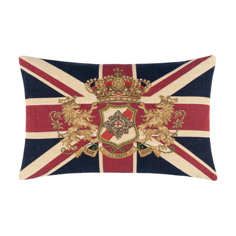 Rectangular Union Jack jacquard cotton cushion in navy, red and cream, featuring a gold crown, rampant lions and a shield crest with "Pride Honesty Honor" banner, shown on a white background.