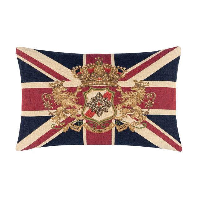 Rectangular Union Jack jacquard cotton cushion in navy, red and cream, featuring a gold crown, rampant lions and a shield crest with "Pride Honesty Honor" banner, shown on a white background.