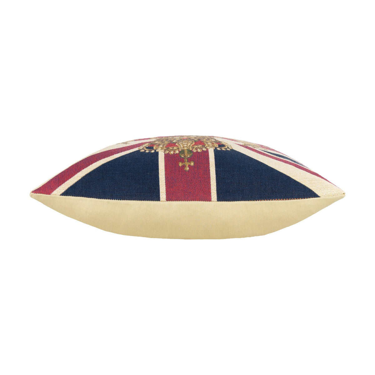 Side view of the Union Jack Jacquard Cotton Cushion, showing navy, red and cream flag stripes with a gold crest, and a plain cream back, on a white background.