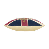 Side view of the Union Jack Jacquard Cotton Cushion, showing navy, red and cream flag stripes with a gold crest, and a plain cream back, on a white background.