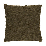 Ulsmere Wool Cotton Cushion in Lichen, a square cushion with an all-over oversized bouclé texture in a deep olive-green tone, shown on a plain white background.