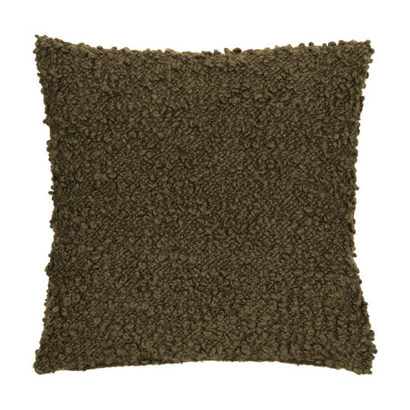 Ulsmere Wool Cotton Cushion in Lichen, a square cushion with an all-over oversized bouclé texture in a deep olive-green tone, shown on a plain white background.
