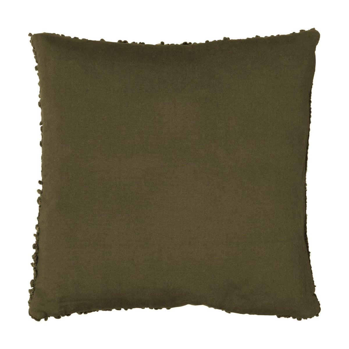 Ulsmere Wool Cotton Cushion in Lichen, square with plain cotton back and bouclé-trimmed edge, shown on a plain white background.