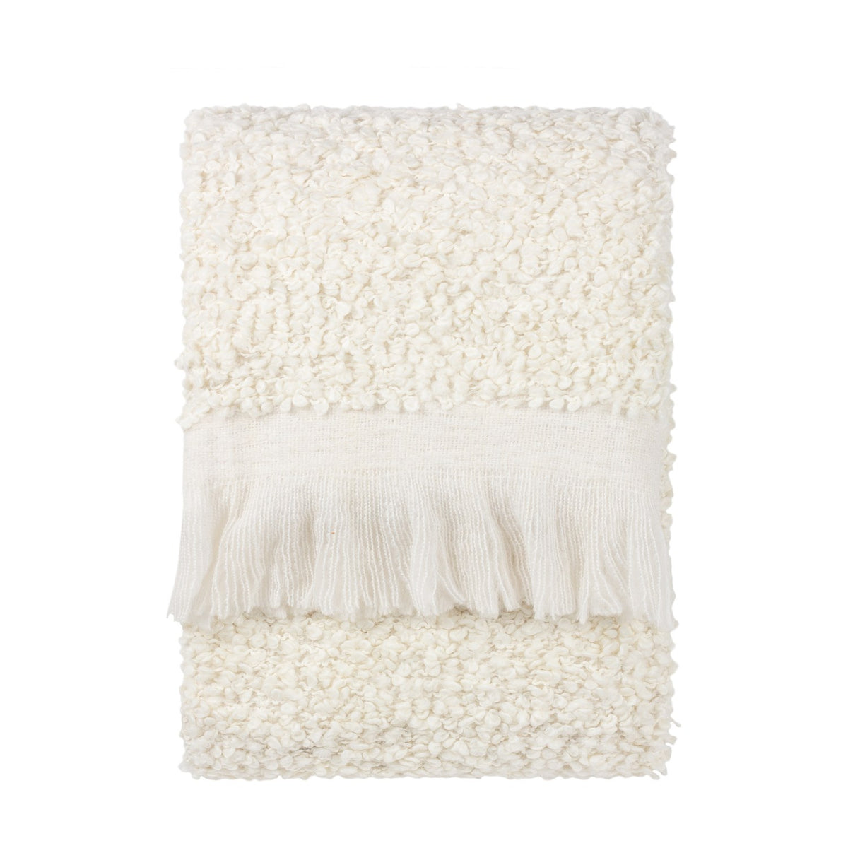 Folded Ulsmere Reversible Wool Throw in ecru, showing oversized bouclé texture with a smooth fringed border, on a plain white background.