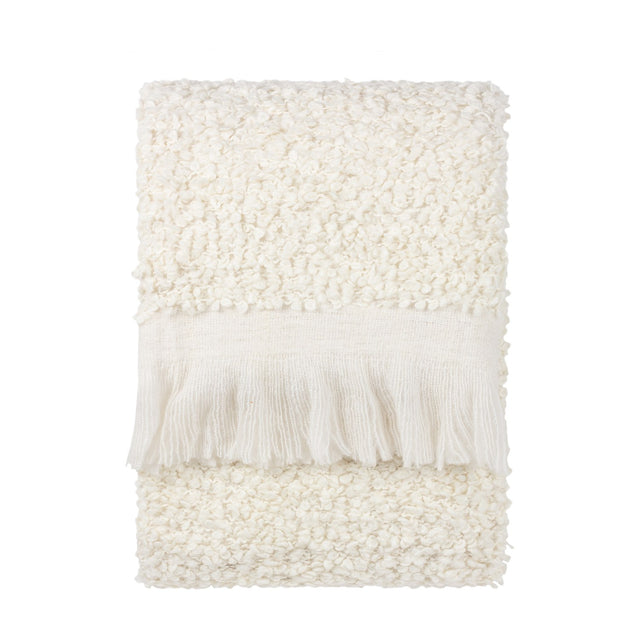 Folded Ulsmere Reversible Wool Throw in ecru, showing oversized bouclé texture with a smooth fringed border, on a plain white background.