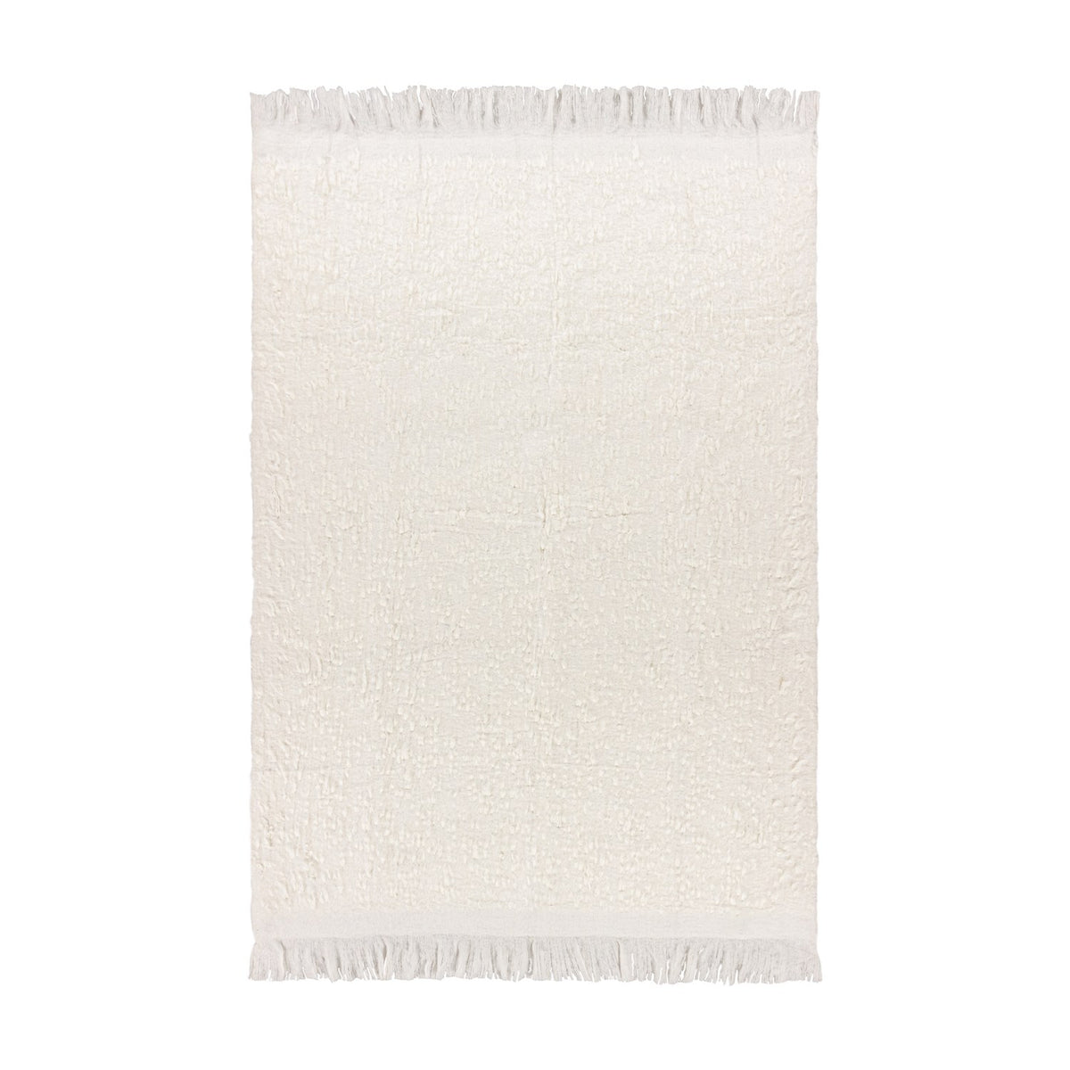 Ulsmere Reversible Wool Throw in ecru, an oversized bouclé-textured blanket with fringed edges, shown flat on a plain white background.