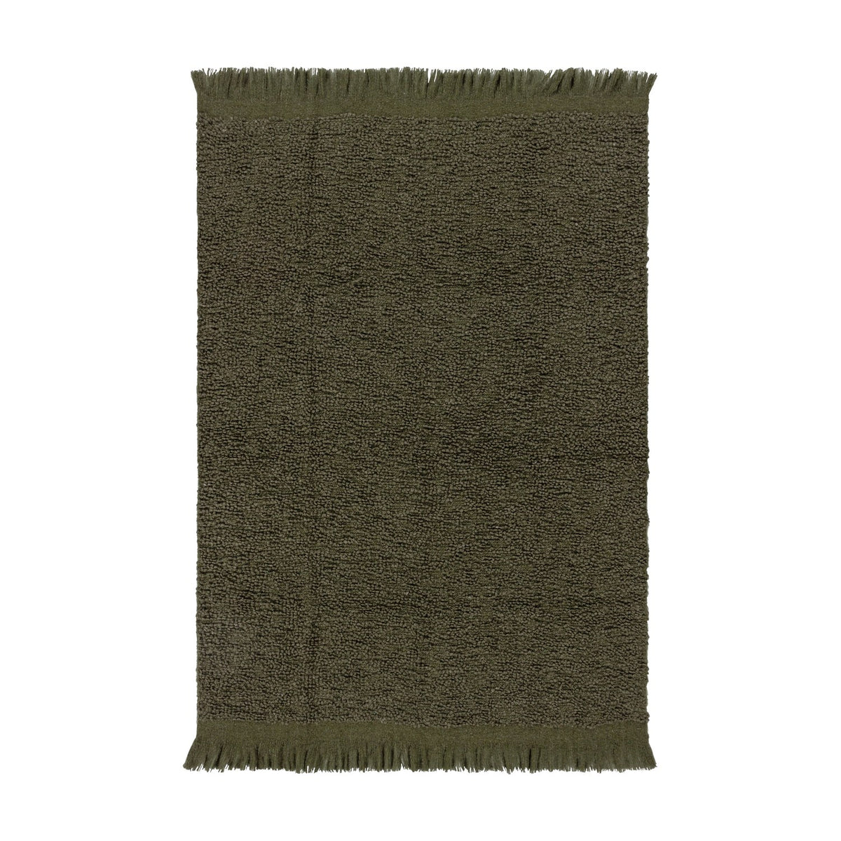 Ulsmere Reversible Wool Throw in lichen green, an oversized bouclé fabric throw with fringed edges, shown flat on a plain white background.