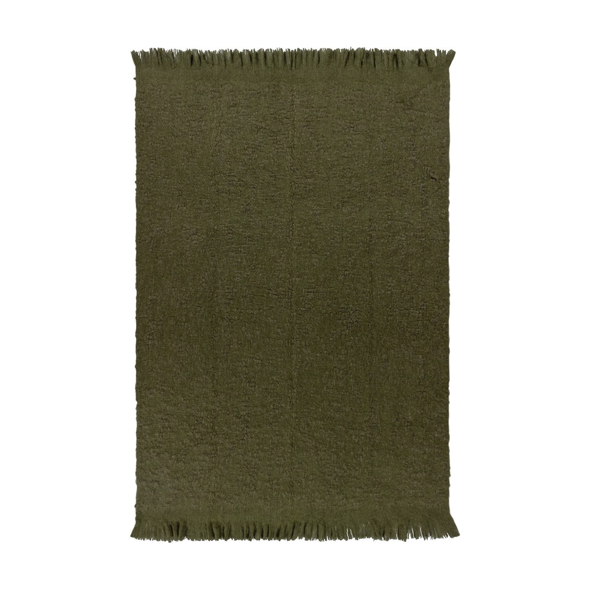 Ulsmere Reversible Wool Throw in lichen green, oversized bouclé texture with fringed edges, shown flat on a plain white background.