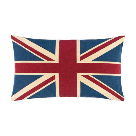 Rectangular Union Jack Jacquard Cotton Cushion in navy, red and cream, flag design woven into the fabric, shown on a plain white background.