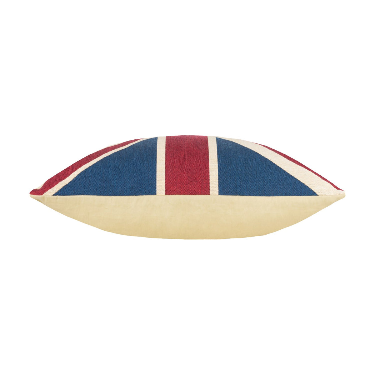 Side view of the Union Jack Jacquard Cotton Cushion in navy, red and cream cotton weave with a plain cream reverse, shown on a white background.