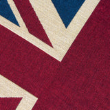 Close-up of Union Jack Jacquard Cotton Cushion in red, cream and navy, showing the woven cotton texture of the flag's diagonal and cross design.