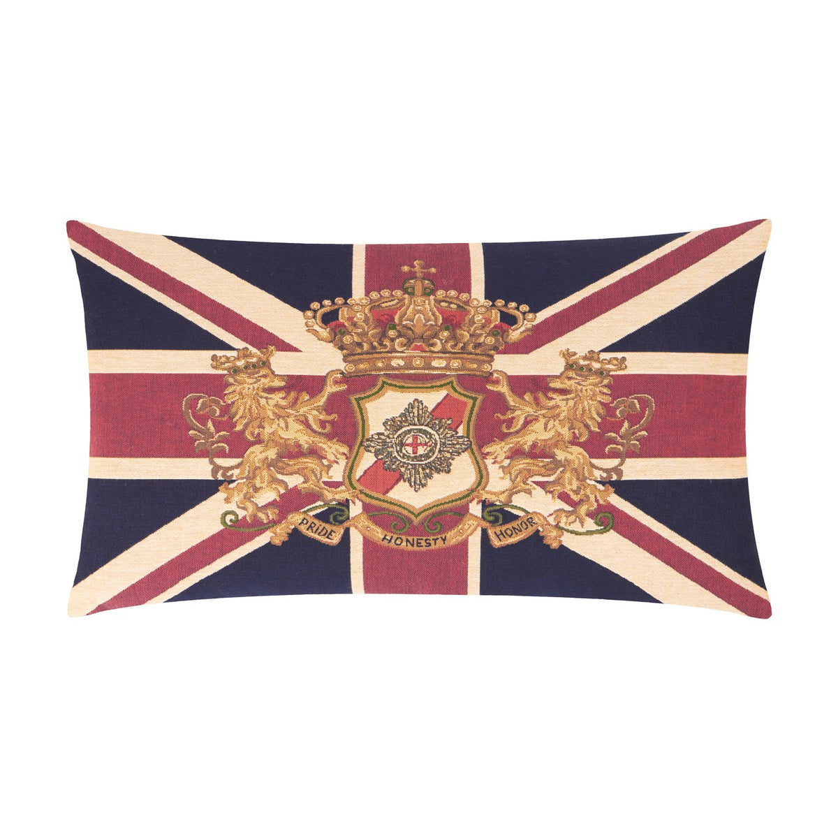 Rectangular jacquard cotton cushion in Union Jack design, navy, red and cream, with a gold heraldic crest of two lions, a crown and a Pride, Honesty, Honor banner, on a white background.