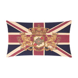 Rectangular jacquard cotton cushion in Union Jack design, navy, red and cream, with a gold heraldic crest of two lions, a crown and a Pride, Honesty, Honor banner, on a white background.