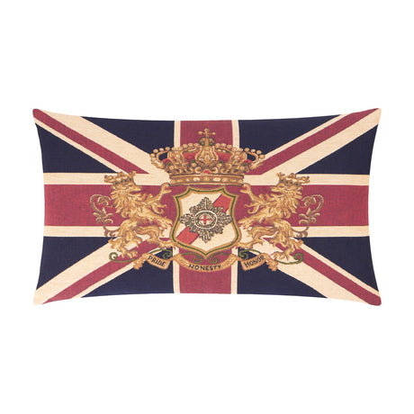 Rectangular jacquard cotton cushion in Union Jack design, navy, red and cream, with a gold heraldic crest of two lions, a crown and a Pride, Honesty, Honor banner, on a white background.