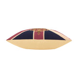 Side view of the Union Jack Jacquard Cotton Cushion, showing navy, red and cream stripes with a gold heraldic crest on one edge and a plain gold reverse, on a white background.