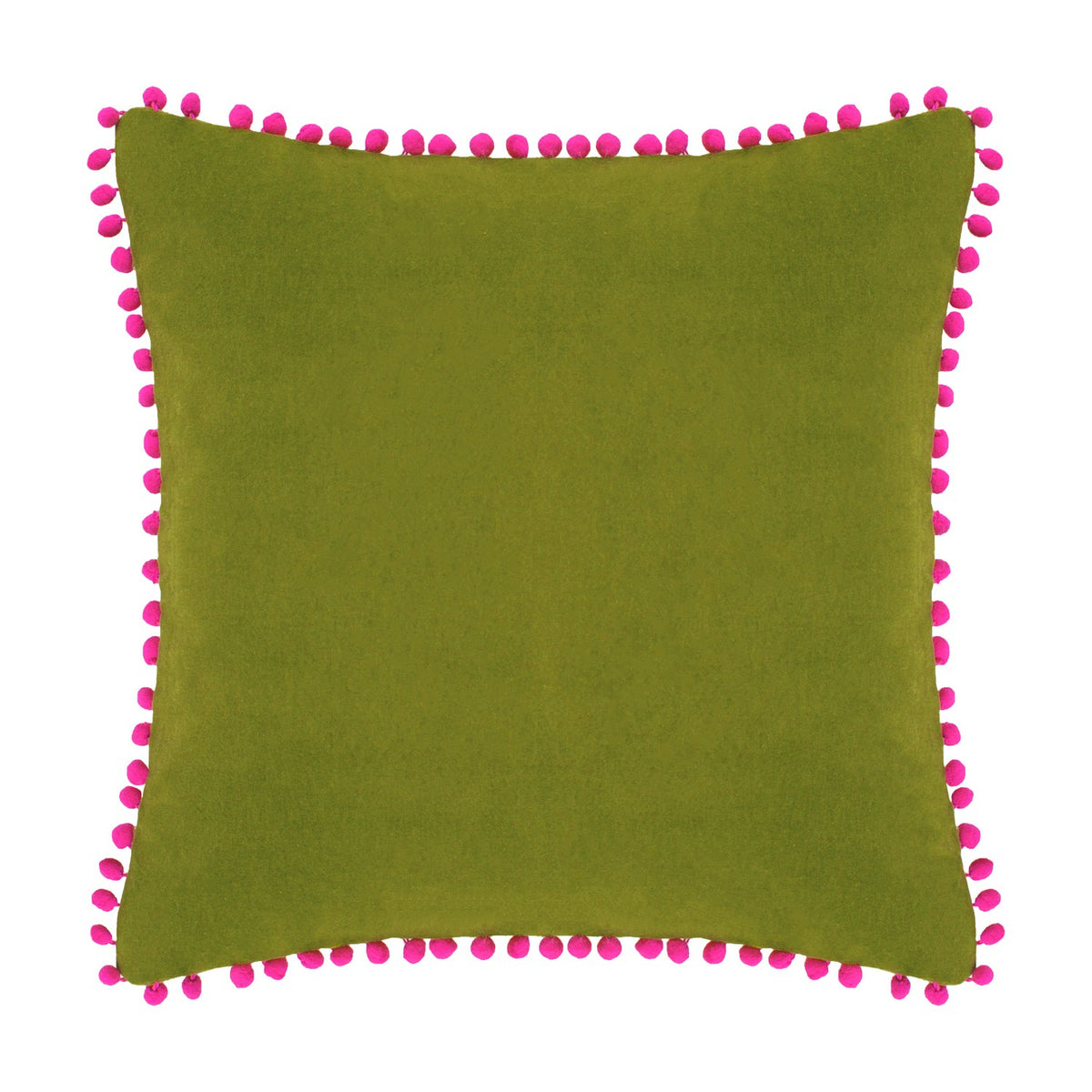 Square velvet cushion in olive green with fuchsia pink pompom trim around all edges, shown on a plain white background.