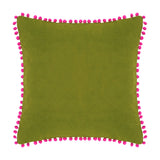 Square velvet cushion in olive green with fuchsia pink pompom trim around all edges, shown on a plain white background.