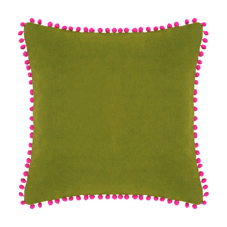 Square velvet cushion in olive green with fuchsia pink pompom trim around all edges, shown on a plain white background.