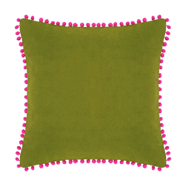 Square velvet cushion in olive green with fuchsia pink pompom trim around all edges, shown on a plain white background.