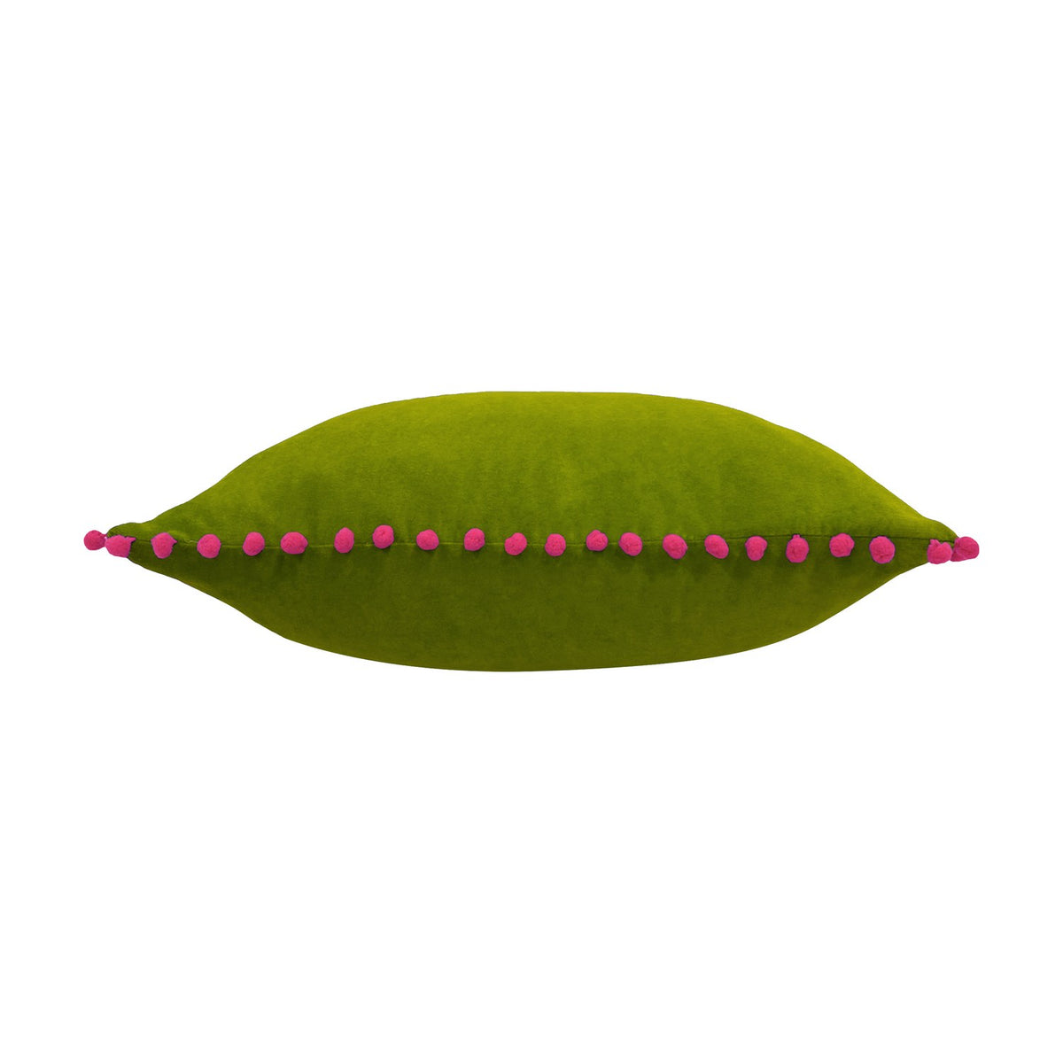 Velvet Pompom Plain Cotton Cushion in olive green with fuchsia pink pompom trim along the edge, shown side-on against a plain white background.