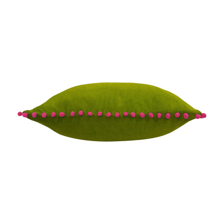 Velvet Pompom Plain Cotton Cushion in olive green with fuchsia pink pompom trim along the edge, shown side-on against a plain white background.